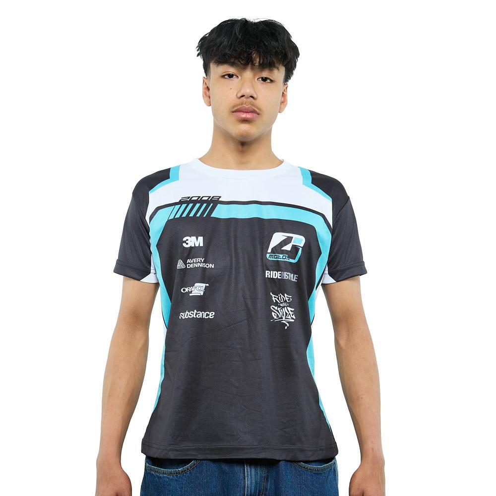 Motorsport Racing T-Shirt – Schwarz/Weiß/Türkis
